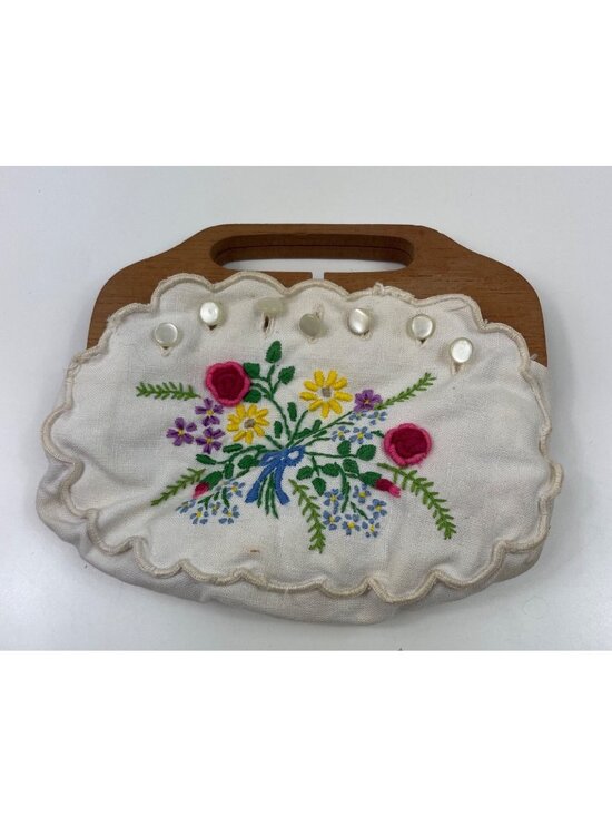 unmarked Other - Vintage Embroidered Clutch CHILD Purse Hand Embroidered Floral Wooden Handle